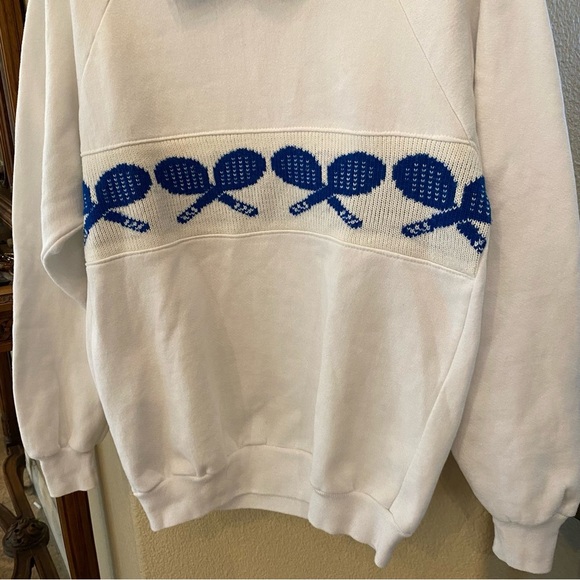 Vintage JERZEES White and Blue Tennis Print Collar Sweatshirt Size Large-Unisex - Picture 3 of 7